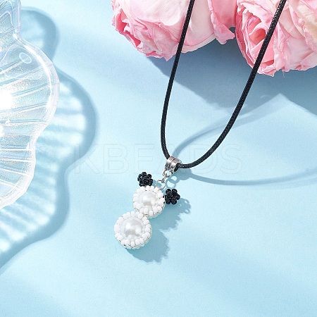 Glass Seed Beads & Glass Pearl Round Beaded Bear Pendant Waxed Cotton Cord Necklaces for Women Men NJEW-MZ00126-01-1