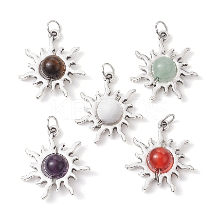 5Pcs 5 Styles Natural Mixed Stone Round Pendants PALLOY-JF02473-S-1