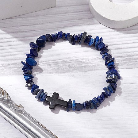 Natural Lapis Lazuli Chips Stretch Bracelets for Women Men BJEW-JB11341-07-1
