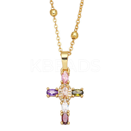 Fashionable Hip Hop Golden Brass Cross Pendant Necklace for Women with Micro Inlaid Gemstones and Zircon Crystals (NKB072) ST2596819-1