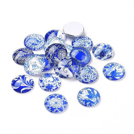 Blue and White Floral Printed Glass Cabochons GGLA-A002-20mm-XX-1