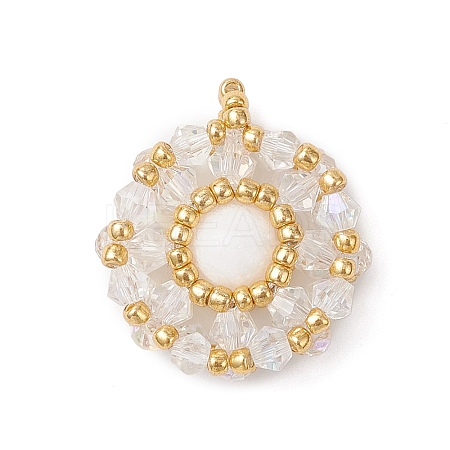 Natural Mashan Jade & Glass Seed Beaded Flat Round Pendants PALLOY-MZ00950-02-1