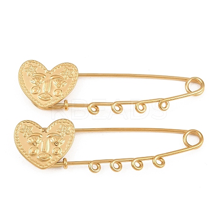 Heart Face 304 Stainless Steel Safety Pins Brooch Findings SA-CBA098D-15B-G04-1