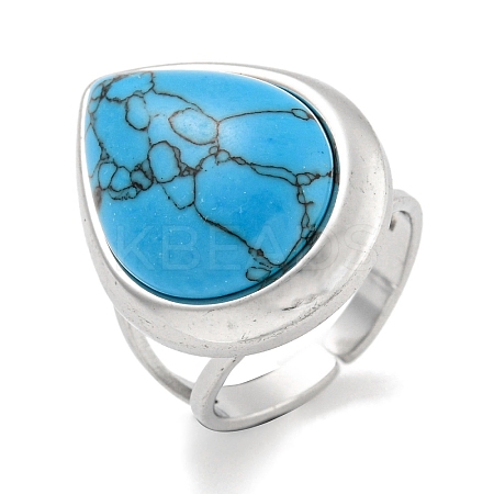 304 Stainless Steel Synthetic Turquoise Cuff Rings G-Z056-09P-02-1
