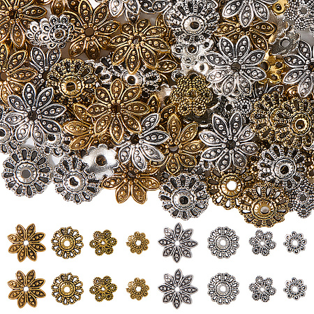 240Pcs 8 Styles Tibetan Style Alloy Flower Bead Caps TIBE-SP0001-26-1
