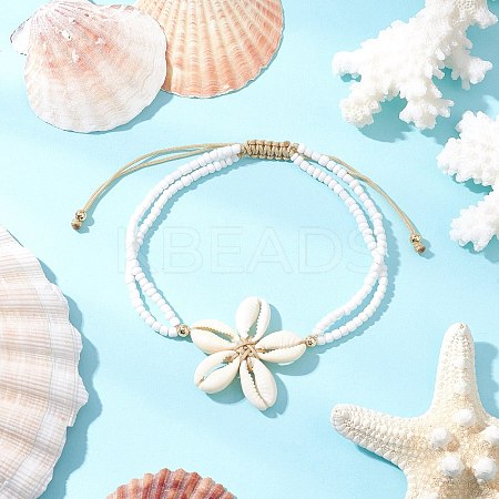 Adjustable Natural Cowrie Shell Beaded Braided Anklets AJEW-AN00686-02-1