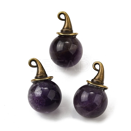 Natural Amethyst Round Pendants with Alloy Witch Hat G-D311-01AB-07-1