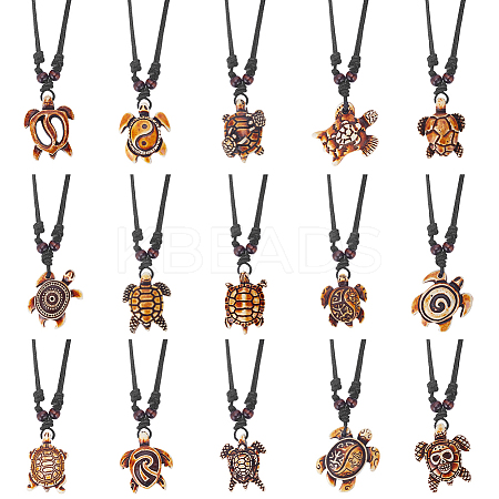 ANATTASOUL 15Pcs 15 Styles Tortoise Resin Pendant Necklaces Set with Adjustable Cotton Cords NJEW-AN0001-51B-1