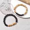 Natural Lava Rock & Wooden Round Beaded Stretch Bracelet BJEW-JB10075-02-3