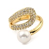 Cubic Zirconia Hollow Teardrop Open Cuff Ring with Plastic Imitation Pearl Beaded RJEW-G294-03G-2