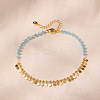 Bohemian Natural Dyed Stone Imitation Aquamarine Faceted Round & Brass Disc Tassel Anklets LS-AJEW-Z046-07G-1