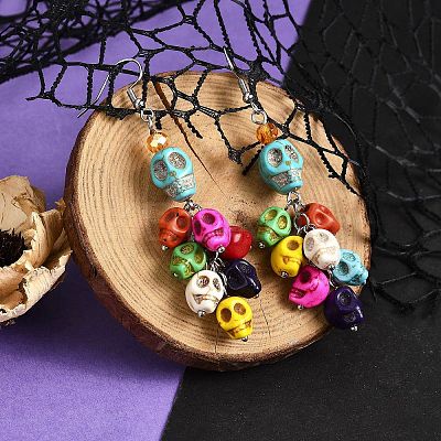Dyed Synthetic Turquoise Skull Dangle Earrings EJEW-TA00224-1