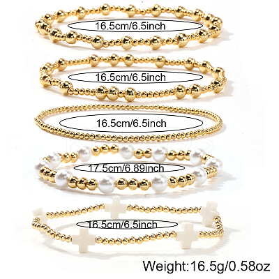 5Pcs 5 Styles Brass & Resin Imitation Pearl Round Beads Stretch Jewelry for Women YN2620-1-1