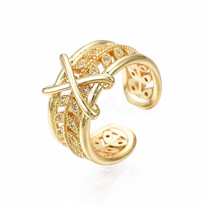 Real 18K Gold Plated Brass Initial X Cuff Ring RJEW-S045-128-NF-1