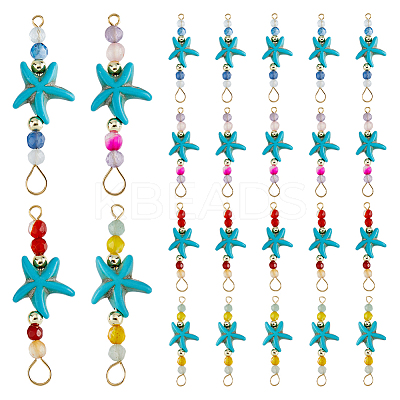 24Pcs 4 Colors Summer Beach Dyed Synthetic Turquoise Starfish & Natural Mixed Stone Faceted Round Beaded Connector Charms PALLOY-FH00160-1