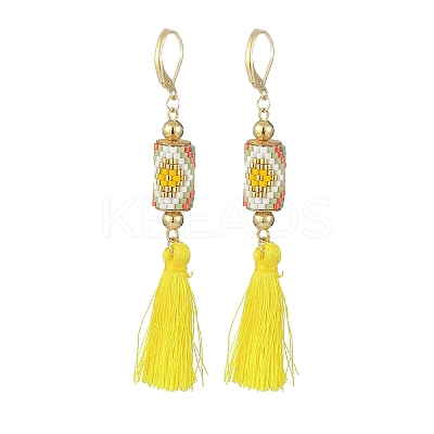 Glass Seed Braided Column with Tassel Dangle Leverback Earrings EJEW-MZ00056-1