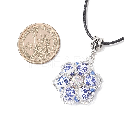 Handmade Blue and White Porcelain & Glass Seed Beaded Flower Pendant Waxed Cotton Cord Necklaces NJEW-MZ00141-1