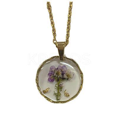 Alloy & Plastic Inner Flower Flat Round Pendant Necklaces FS-WG8915D-16-1