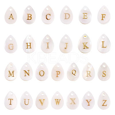 26Pcs 26 Styles Natural Shell Teardrop Charms with Golden Tone Metal Letter Slices SHEL-TAC0004-02-1