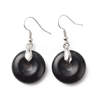 Natural Obsidian Donut Dangle Earrings EJEW-G300-01P-06-1