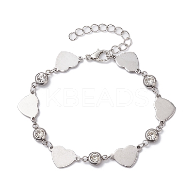 Stainless Steel Heart Link Chain Bracelet with Cubic Zirconia BJEW-JB10170-1