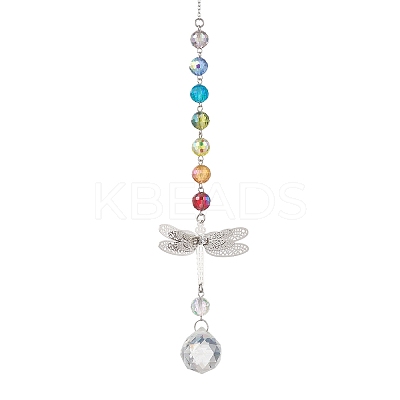 Chakra Glass Beads & Brass Dragonfly Hanging Suncatchers HJEW-JM04684-1