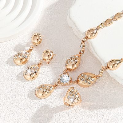 Teardrop Alloy Rhinestone Pendant Necklaces & Stud Earring & Rings Sets for Women FS-WG09A79-01-1