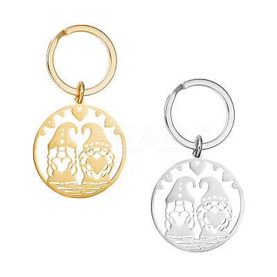 2Pcs 2 Colors Heart Gnome 304 Stainless Steel Pendant Keychain KEYC-UN0001-14-1