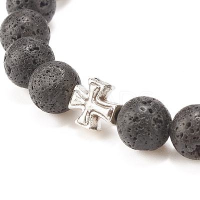 Natural Lava Rock Stretch Bracelet with Alloy Cross BJEW-JB08192-04-1
