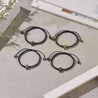 4Pcs 4 Color Synthetic Hematite & Alloy Skull Braided Bead Bracelets Set BJEW-JB09215-1