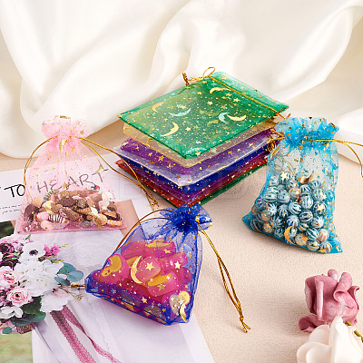 100Pcs 10 Colors Star & Moon Printed Organza Gift Bags OP-YS0001-02A-1