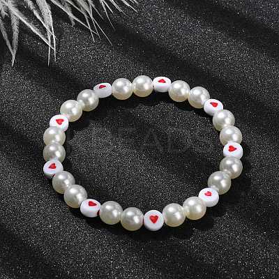 Heart & Imitated Pearl Acrylic Beaded Stretch Bracelets BJEW-JB10025-1