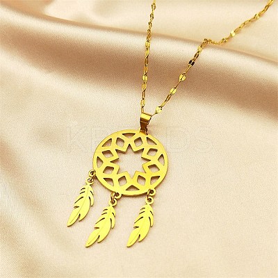 Woven Net/Web with Feather 201 Stainless Steel Boho Pendant Necklaces for Women NJEW-G087-06G-1
