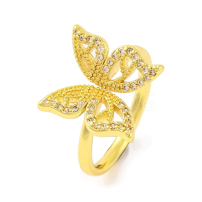 Butterfly Brass Micro Pave Clear Cubic Zirconia Open Cuff Ring for Women RJEW-U003-13G-1