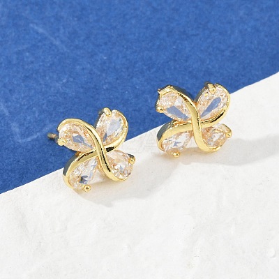 Flower Brass Micro Pave Clear Cubic Zirconia Stud Earrings EJEW-U064-03G-1