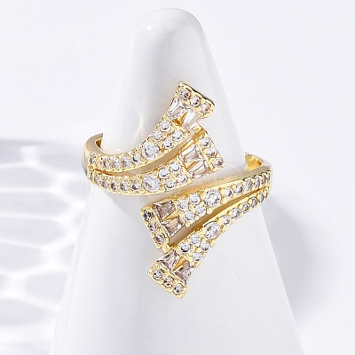 Brass Micro Pave Clear Cubic Zirconia Cuff Rings for Women RJEW-U043-11G-1