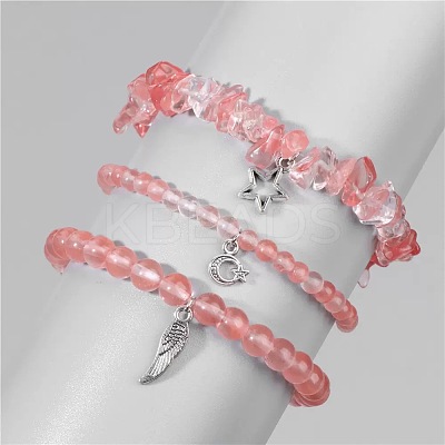 3Pcs Alloy & Synthetic Watermelon Stone Glass Beads Charm Bracelets DY7954-3-1