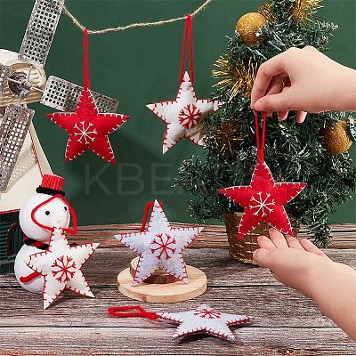 6Pcs 3 Colors Star with Snowflake Felt Fabric Pendant Decoration HJEW-CP0001-09-1