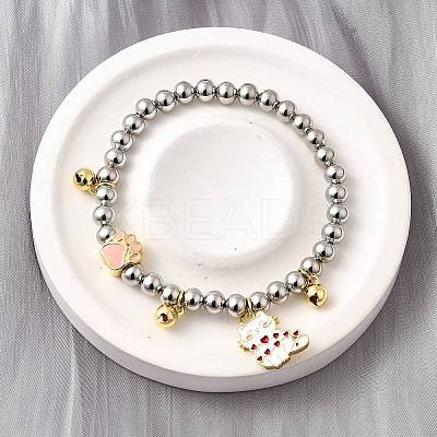 Brass Enamel Round Beads Charm Bracelets for Women BJEW-D317-11C-PG-1