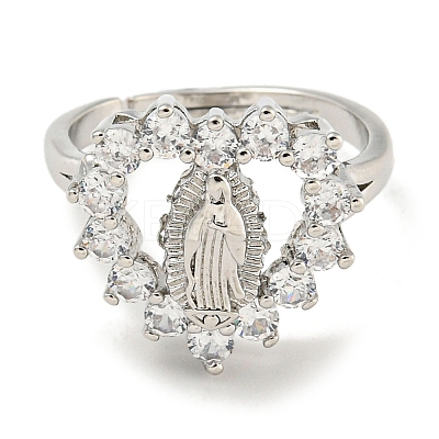 Heart with Saint Rack Plating Brass Micro Pave Cubic Zirconia Adjustable Rings RJEW-I105-04P-06-1