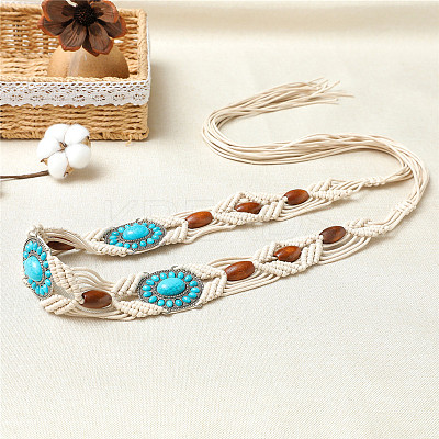 Bohemian Style Antique Silver Alloy Resin Oval & Wood Beads Waxed Cord Chain Belts for Women AJEW-K053-01-1