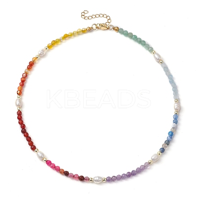 4mm Faceted Round Dyed Natural Agate & Carnelian & Green Aventurine & Aquamarine & Amethyst & Freshwater Pearl Beaded Necklaces NJEW-JN05110-1