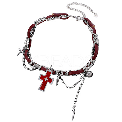 Vintage Alloy Cross Pendant Imitaiton Leather Double Layer Choker Necklaces with Punk Spike Tassel for Women WG01279-01-1