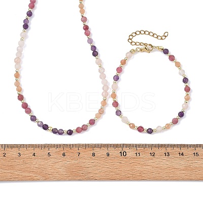 Natural Amethyst & Tourmaline & Sunstone & Rose Quartz Round Beaded Necklaces and Bracelet Set SJEW-JS01383-1