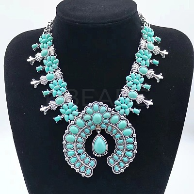 Alloy & Synthetic Turquoise Boho Flower Squash Bib Necklaces for Women FS-WGADD2A-01-1