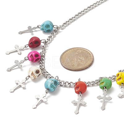 Dyed Synthetic Turquoise Skull with Cross Bib Necklace NJEW-TA00071-1