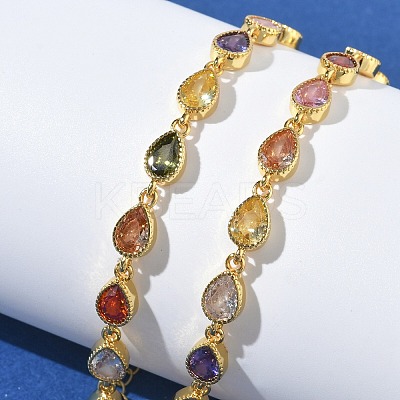 Teardrop Brass Pave Cubic Zirconia Link Chain Bracelets for Women BJEW-P385-06G-1