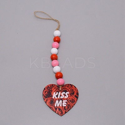 Valentine's Day Theme Schima Wood Beads & Hemp Rope Pendants Decorations HJEW-TAC0012-15-1