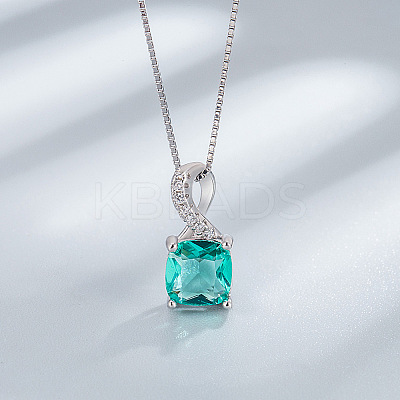 Square Rhodium Plated 925 Sterling Silver Pave Cubic Zirconia Pendant Necklaces & Stud Earrings Sets for Women WG8F2D6-02-1