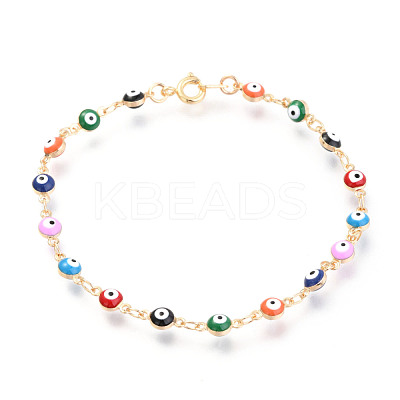 Real 18K Gold Plated Evil Eye Brass Enamel Link Bracelets BJEW-EE0001-14-1